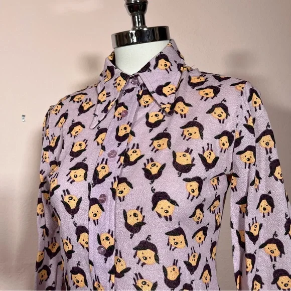 Vintage 60 '70 Mod MCM the red Eye Pig Print Lavender Dagger collar Shirt - Picture 5 of 16